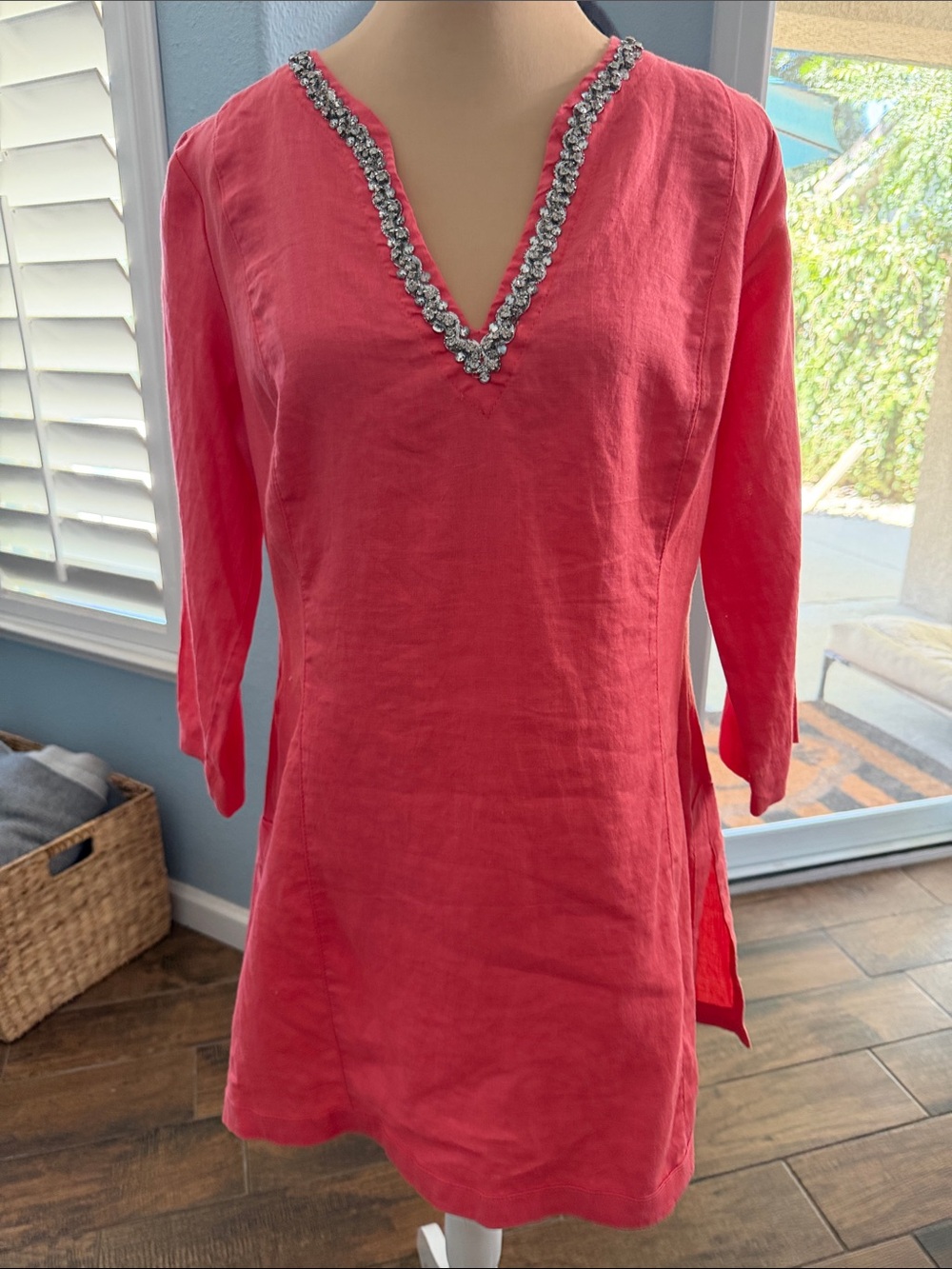 Coral Pink Embellished V-Neck Linen Tunic